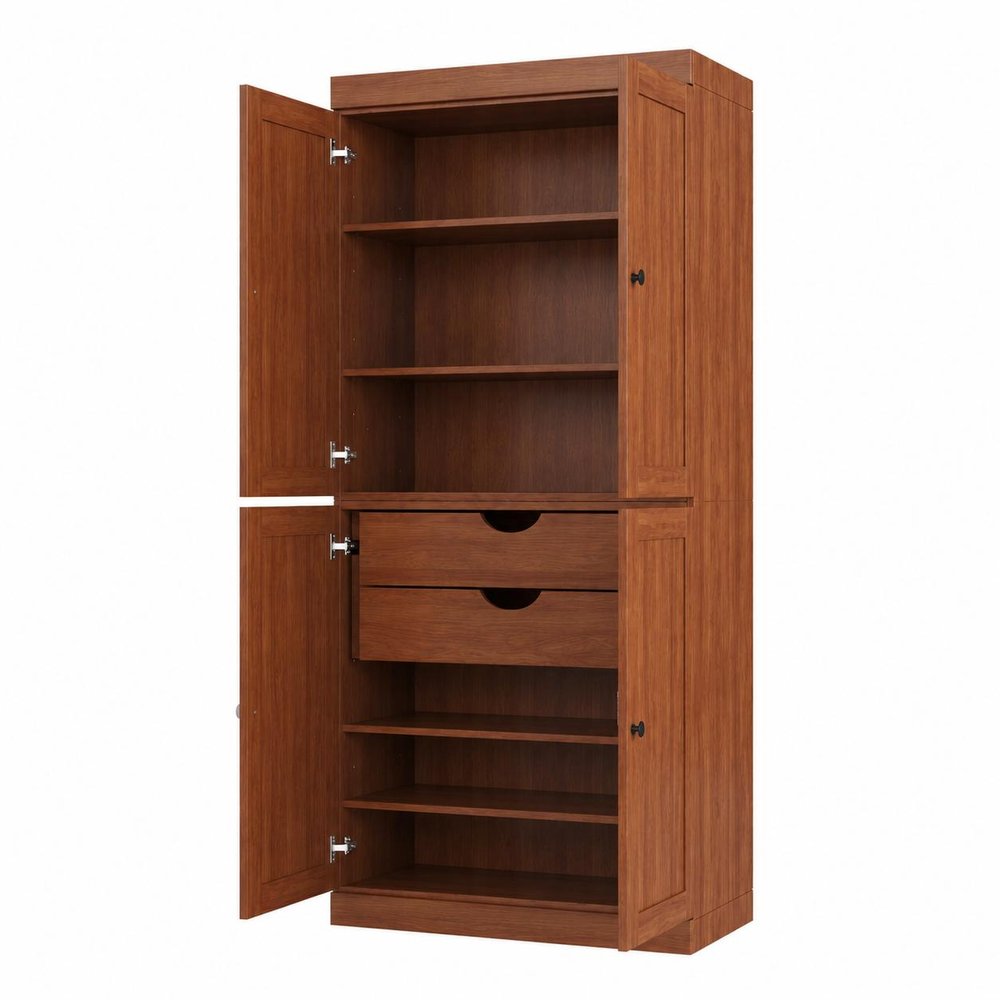 72" White Solid Wood Four Door Two Drawer Pantry Or Storage Closet