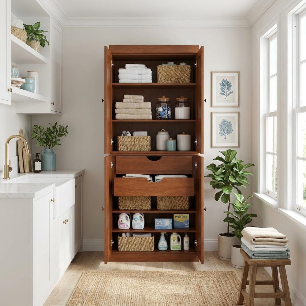 72" White Solid Wood Four Door Two Drawer Pantry Or Storage Closet
