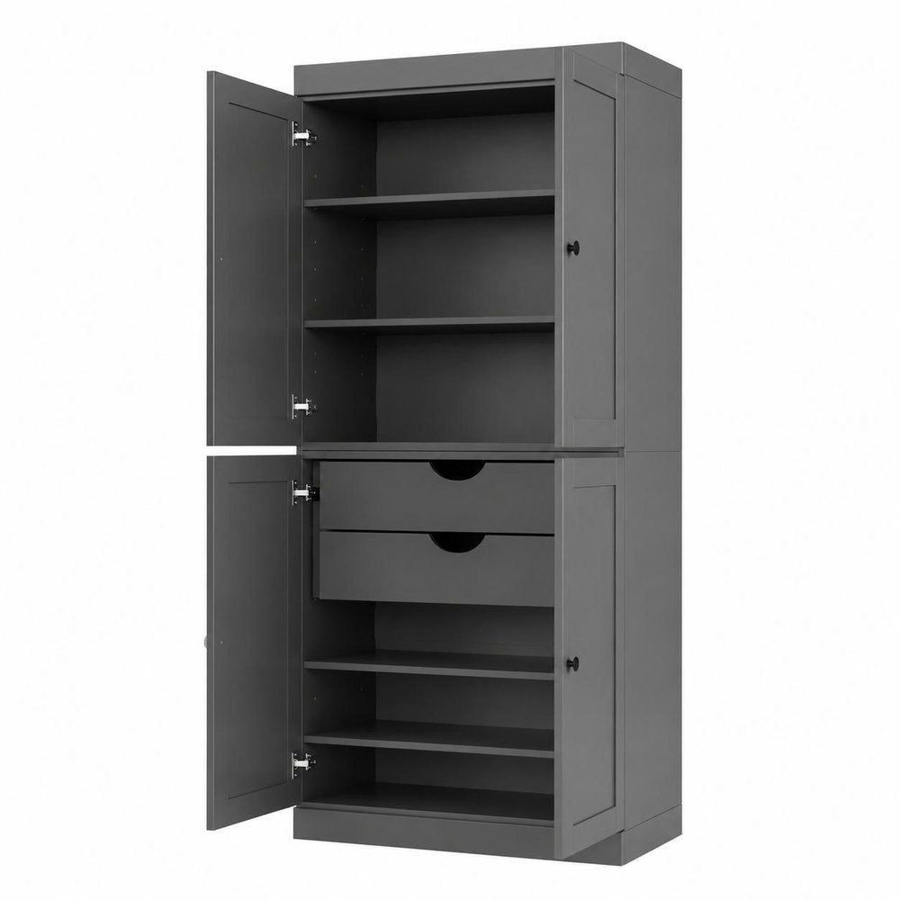 72" White Solid Wood Four Door Two Drawer Pantry Or Storage Closet