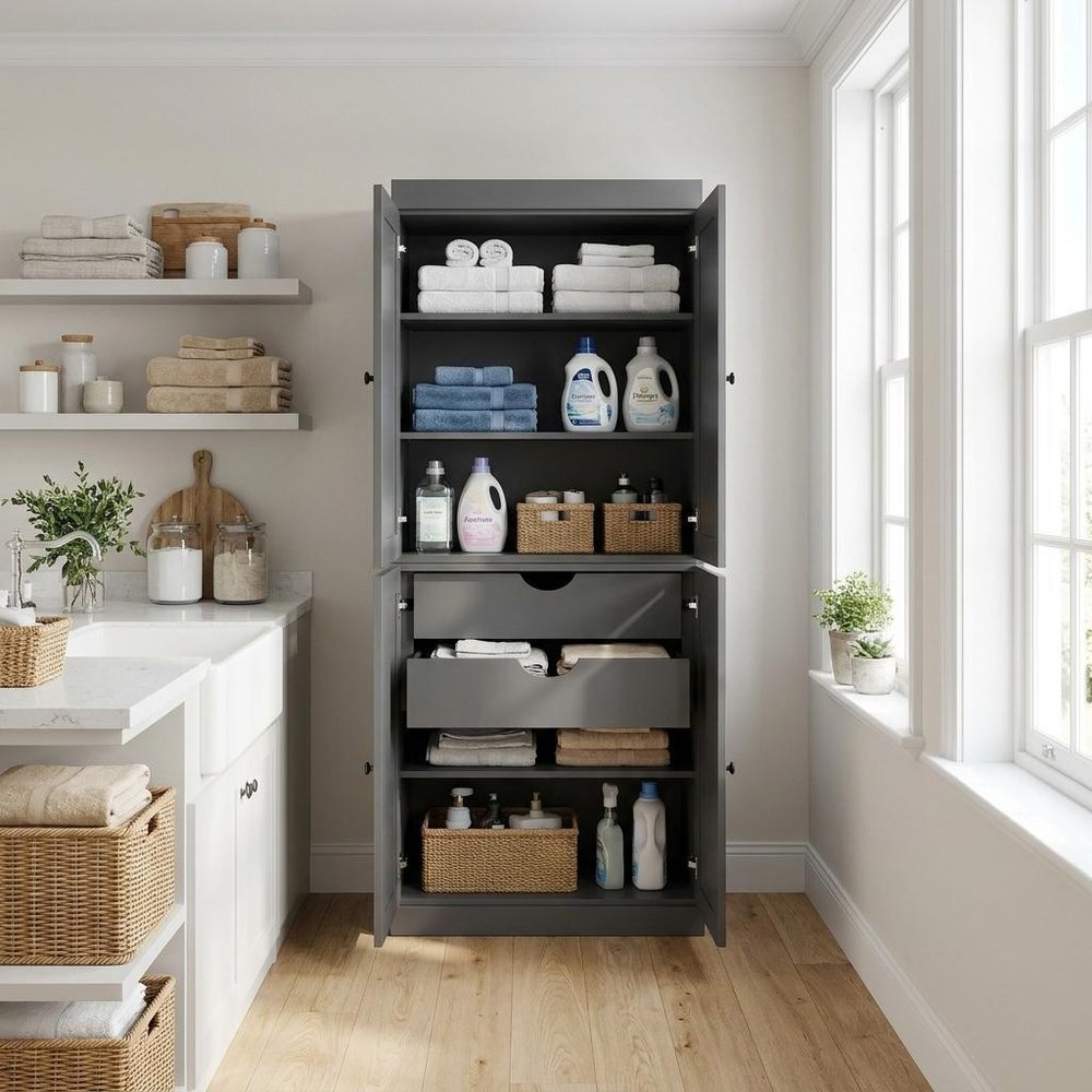 72" White Solid Wood Four Door Two Drawer Pantry Or Storage Closet