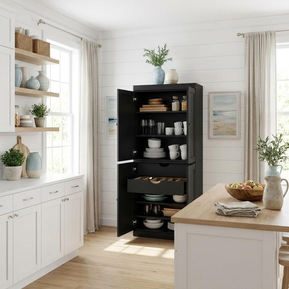 72" White Solid Wood Four Door Two Drawer Pantry Or Storage Closet