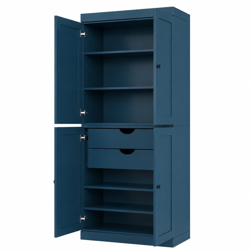 72" White Solid Wood Four Door Two Drawer Pantry Or Storage Closet