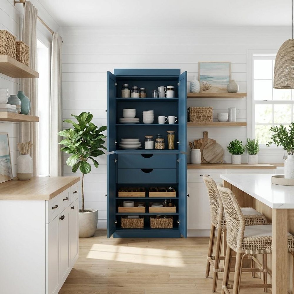 72" White Solid Wood Four Door Two Drawer Pantry Or Storage Closet