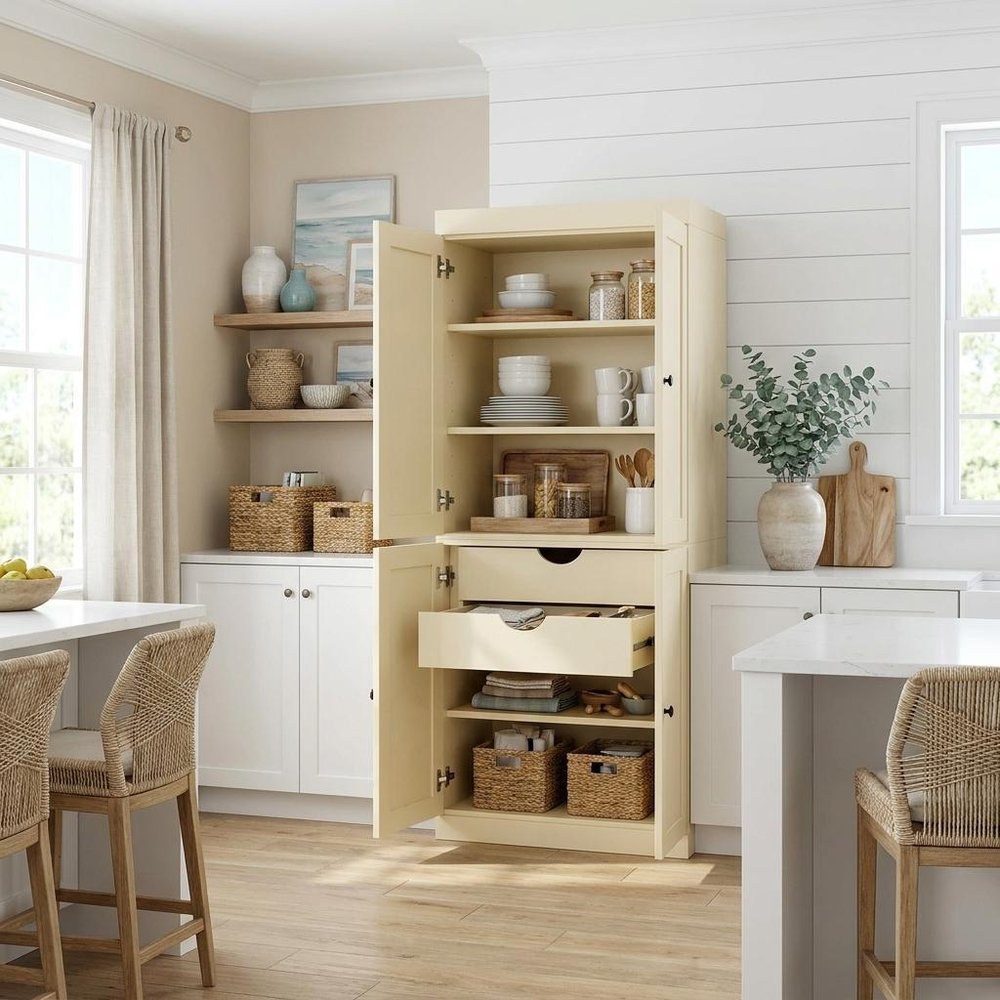72" White Solid Wood Four Door Two Drawer Pantry Or Storage Closet