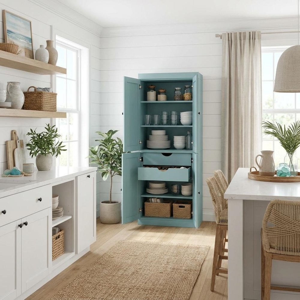 72" White Solid Wood Four Door Two Drawer Pantry Or Storage Closet