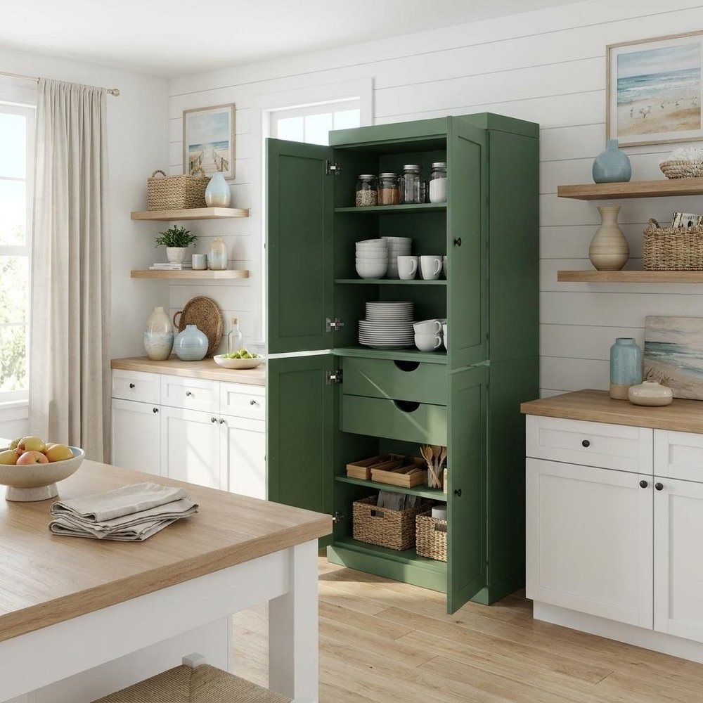 72" White Solid Wood Four Door Two Drawer Pantry Or Storage Closet