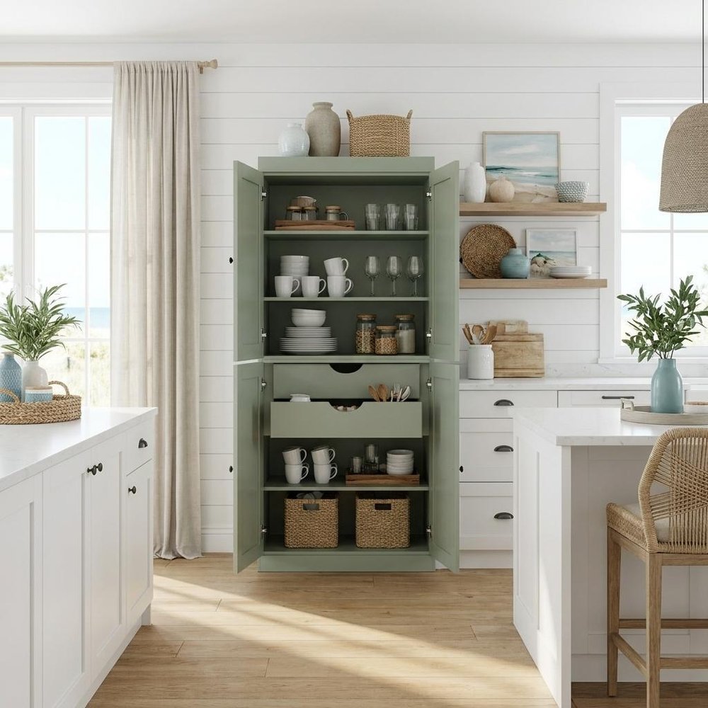 72" White Solid Wood Four Door Two Drawer Pantry Or Storage Closet