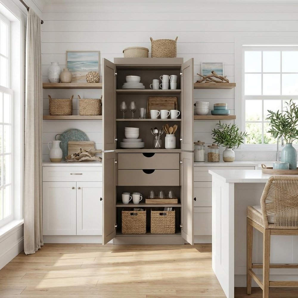 72" White Solid Wood Four Door Two Drawer Pantry Or Storage Closet
