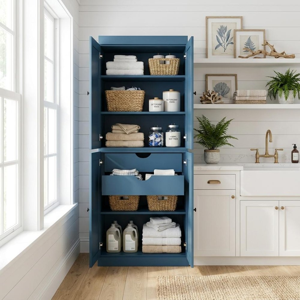 72" White Solid Wood Four Door Two Drawer Pantry Or Storage Closet