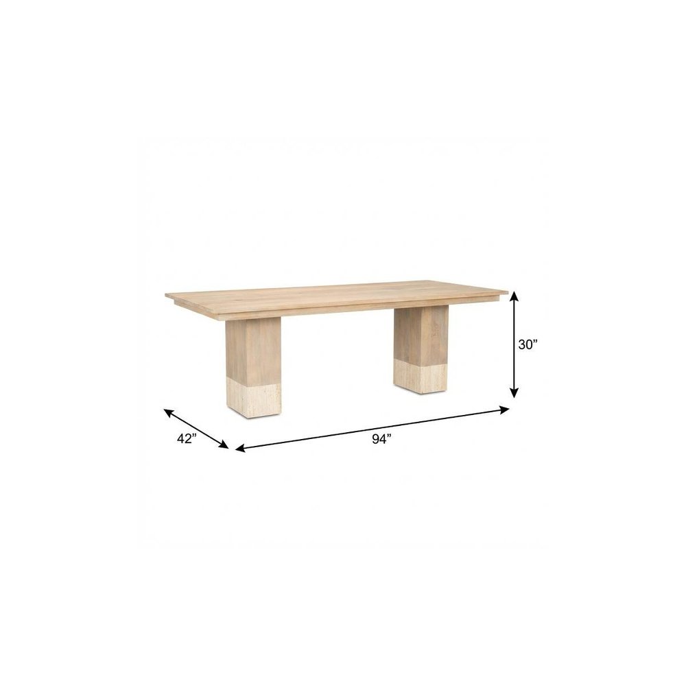 94" Natural And Beige Solid Wood And Marble Double Pedestal Base Dining Table