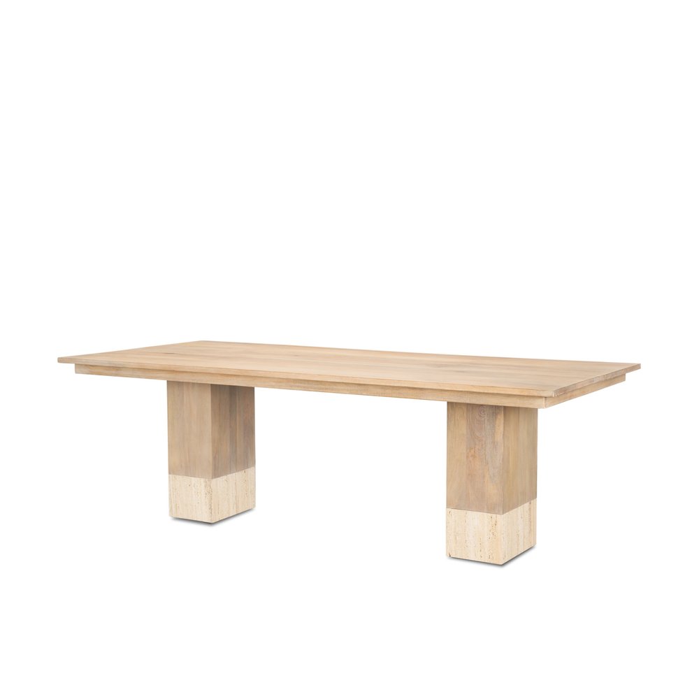 94" Natural And Beige Solid Wood And Marble Double Pedestal Base Dining Table