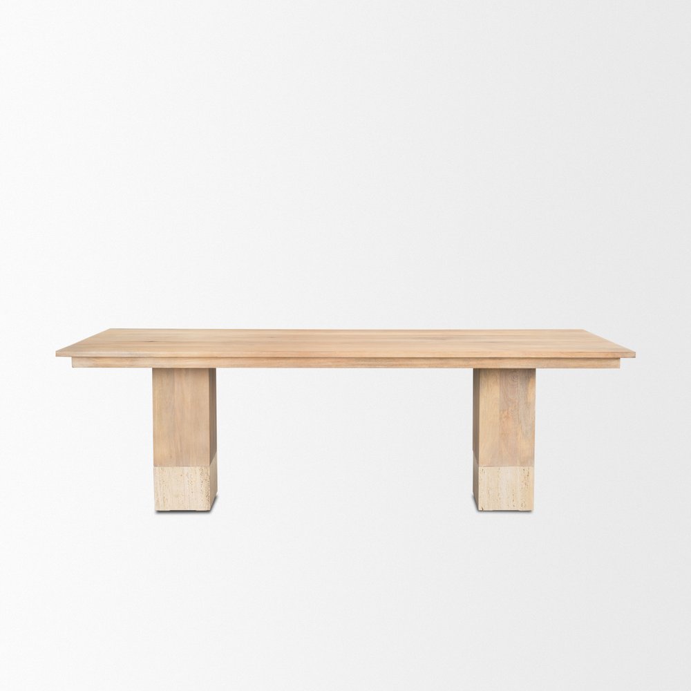 94" Natural And Beige Solid Wood And Marble Double Pedestal Base Dining Table