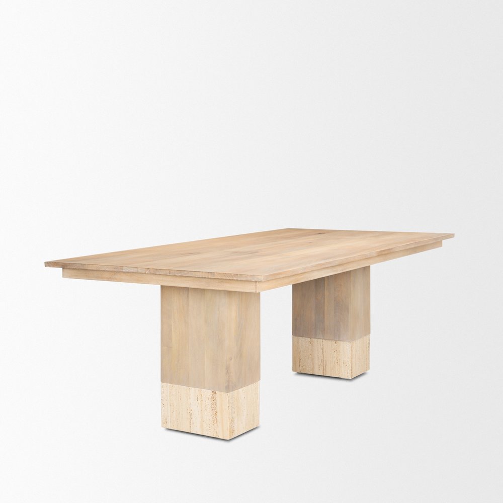 94" Natural And Beige Solid Wood And Marble Double Pedestal Base Dining Table
