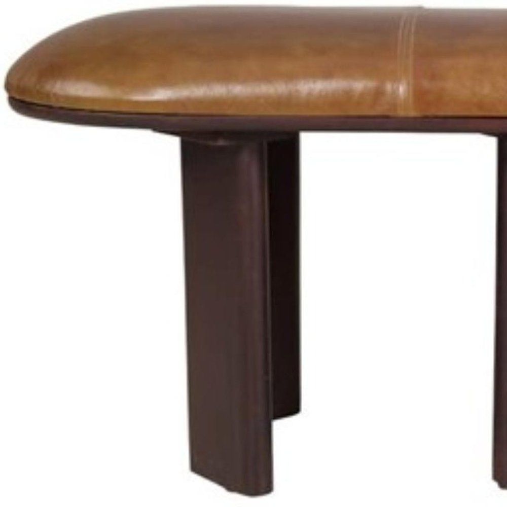 48" Light Brown and Dark Brown Genuine Leather and Solid Wood Upholstered Oval Dining Bench