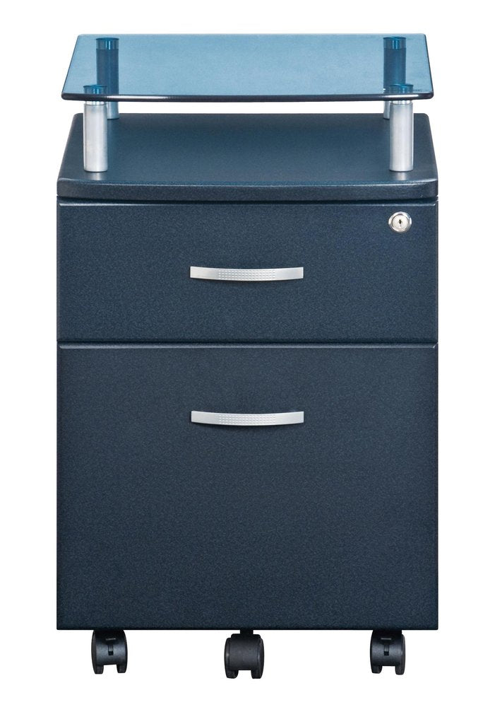 Graphite Glass Wood And Metal Two Drawer Rolling Filing Cabinet
