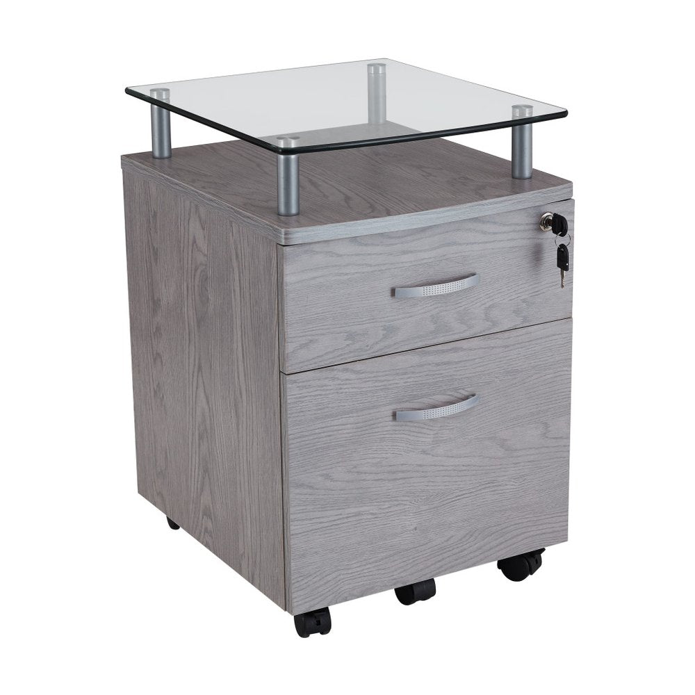 Graphite Glass Wood And Metal Two Drawer Rolling Filing Cabinet