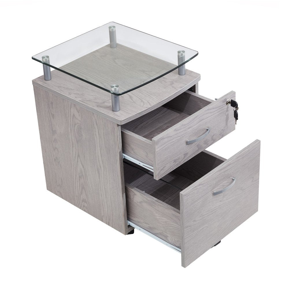 Graphite Glass Wood And Metal Two Drawer Rolling Filing Cabinet