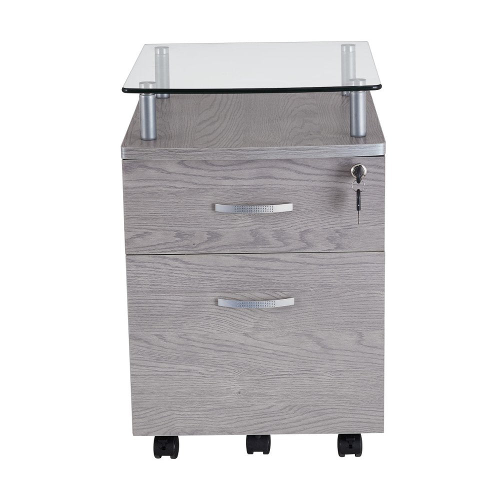 Graphite Glass Wood And Metal Two Drawer Rolling Filing Cabinet