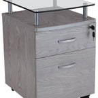 Graphite Glass Wood And Metal Two Drawer Rolling Filing Cabinet