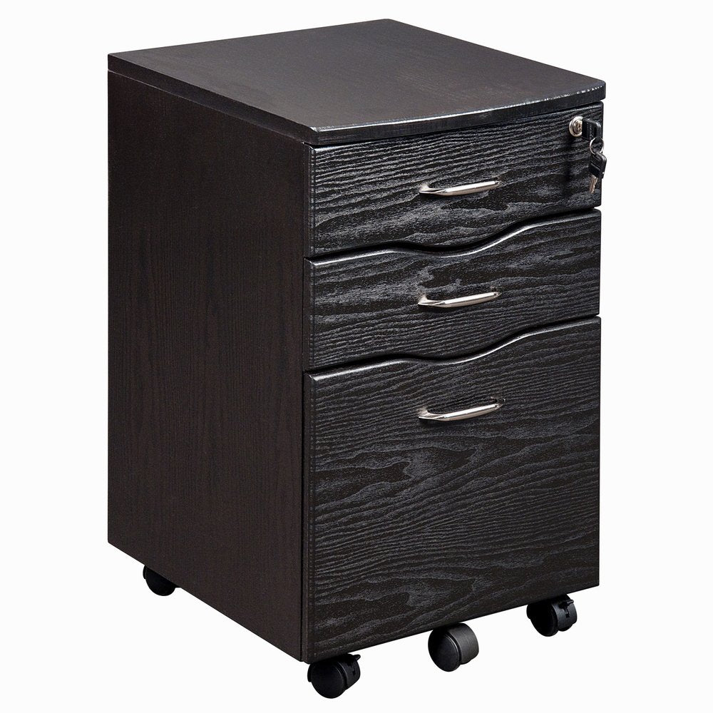25" Espresso Wood Three Drawer Rolling Filing Cabinet
