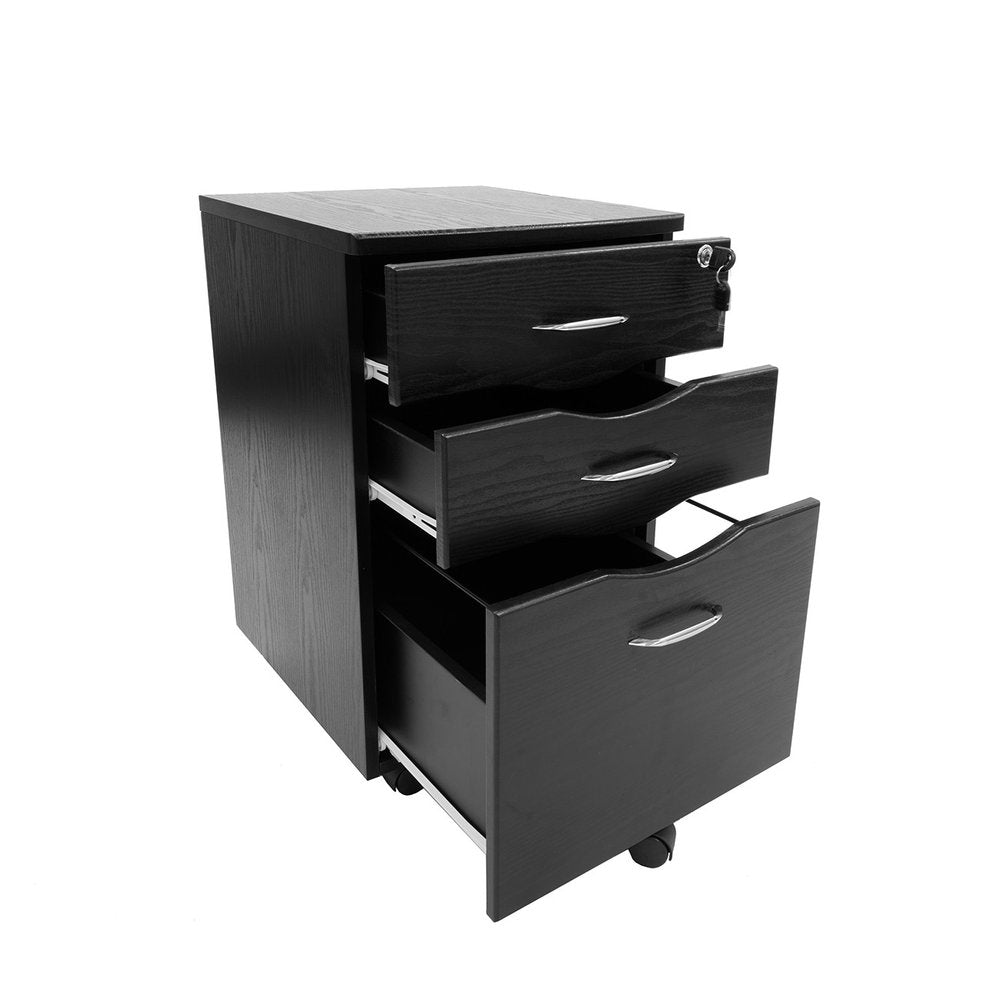 25" Espresso Wood Three Drawer Rolling Filing Cabinet
