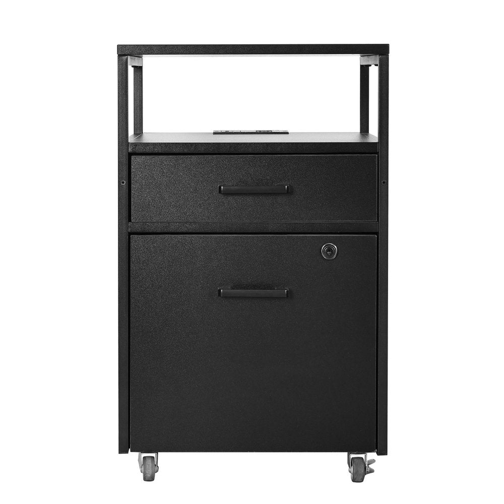 26" Black Wood And Metal Two Drawer Rolling Filing Cabinet With USB