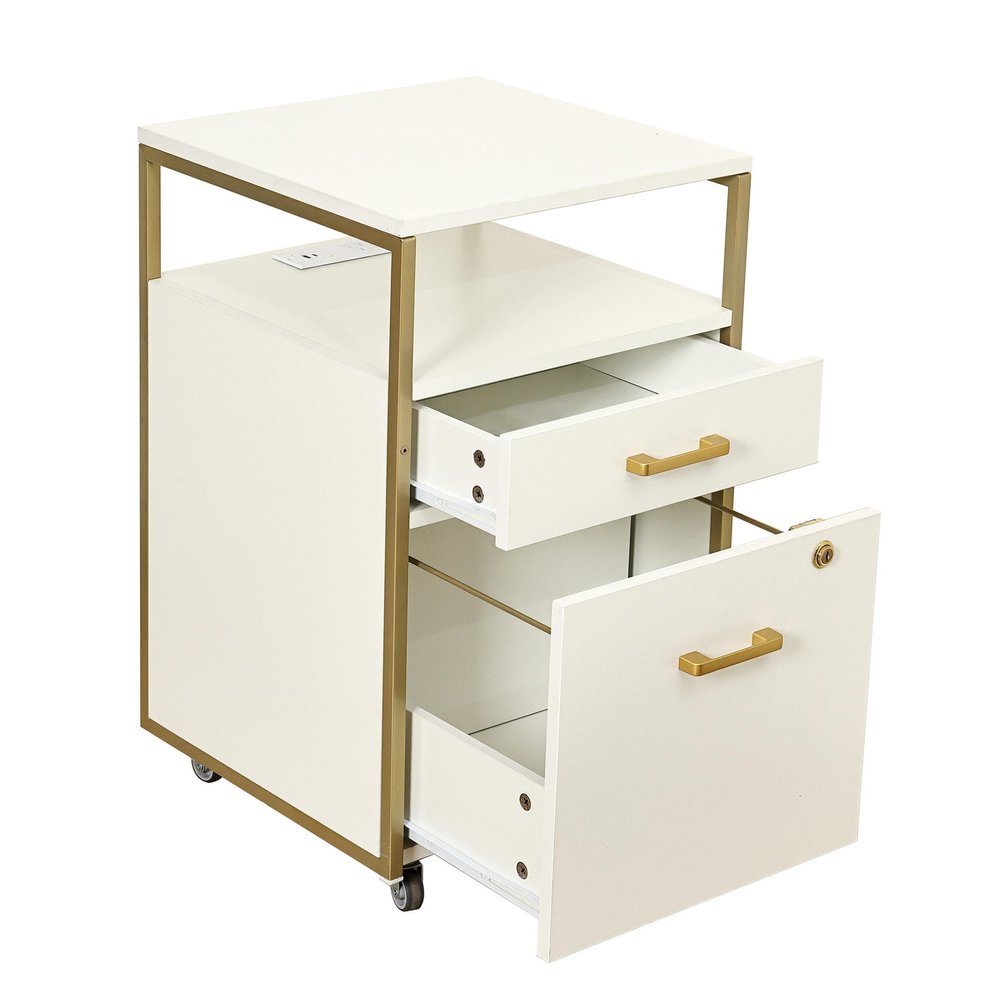 26" White And Gold Metal Two Drawer Rolling Filing Cabinet