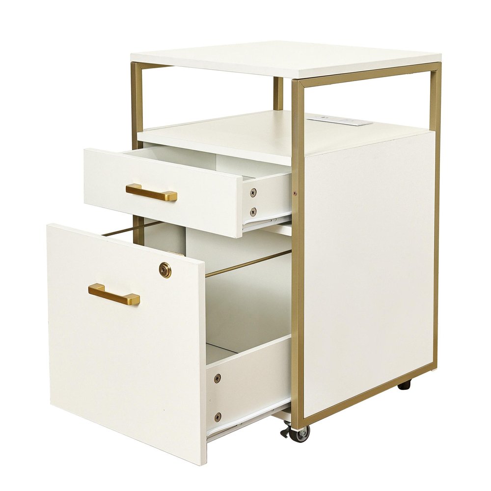 26" White And Gold Metal Two Drawer Rolling Filing Cabinet