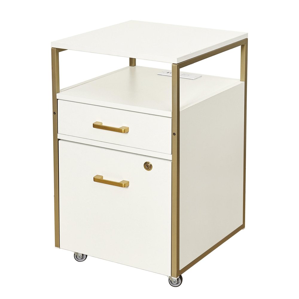 26" Black Wood And Metal Two Drawer Rolling Filing Cabinet With USB