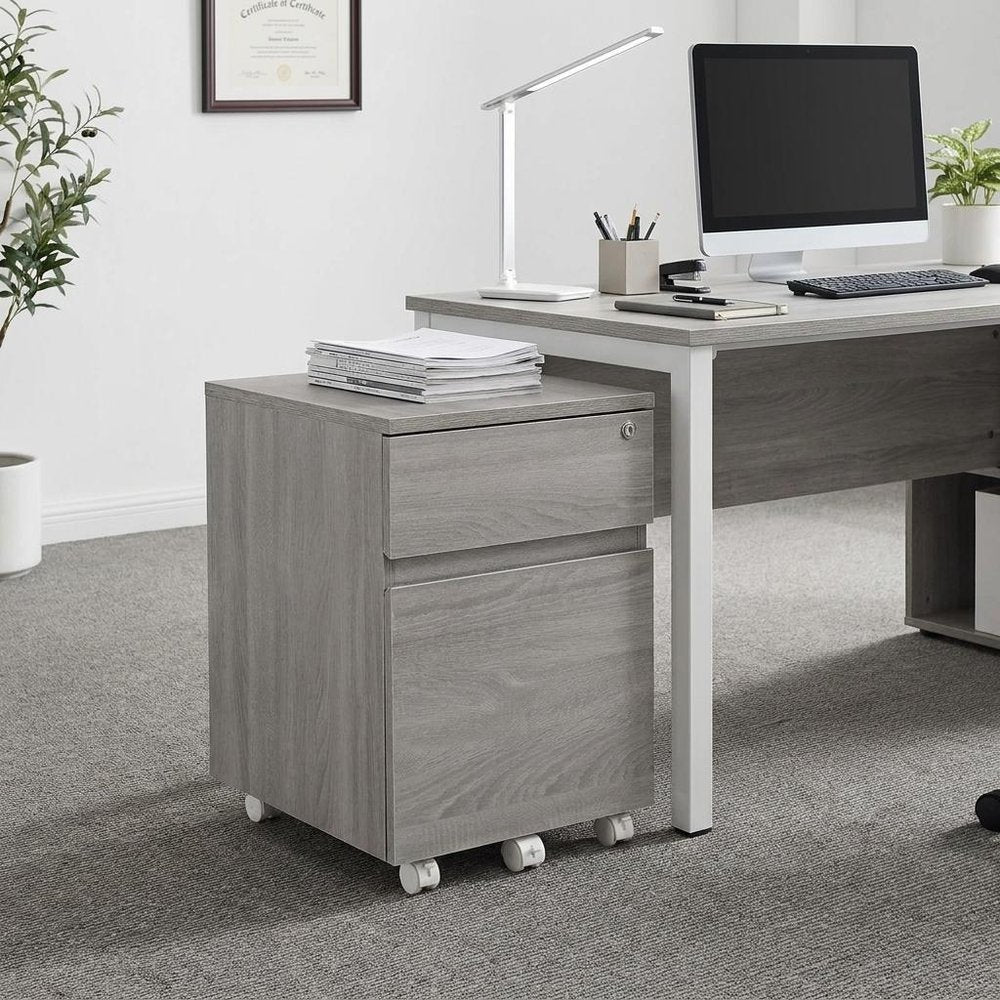 23" Gray Wood Two Drawer Rolling Filing Cabinet