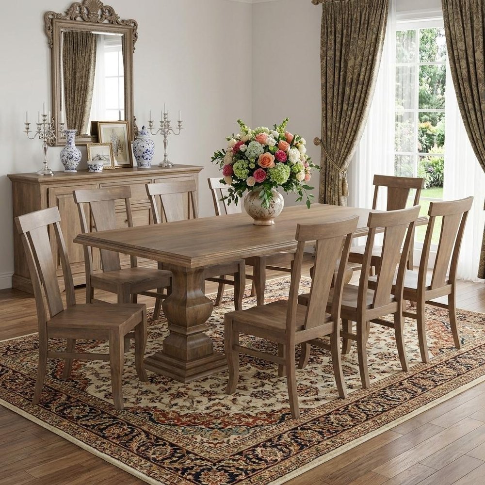 Nine Piece Brown Solid Wood Dining Set with Eight Chairs