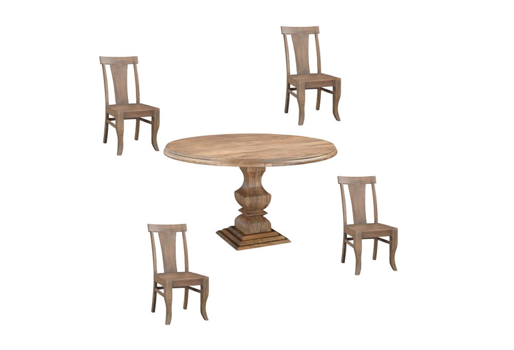 Five Piece Brown Round Solid Wood Dining Set with Four Chairs