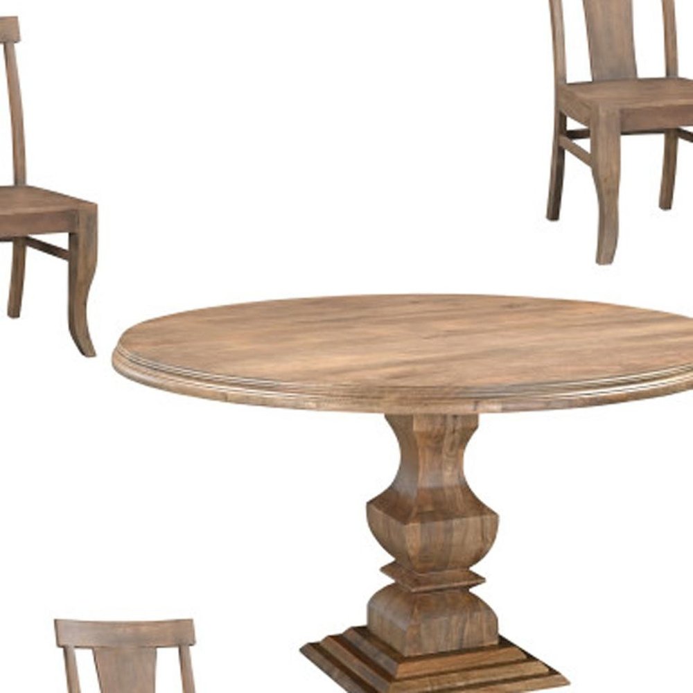 Five Piece Brown Round Solid Wood Dining Set with Four Chairs