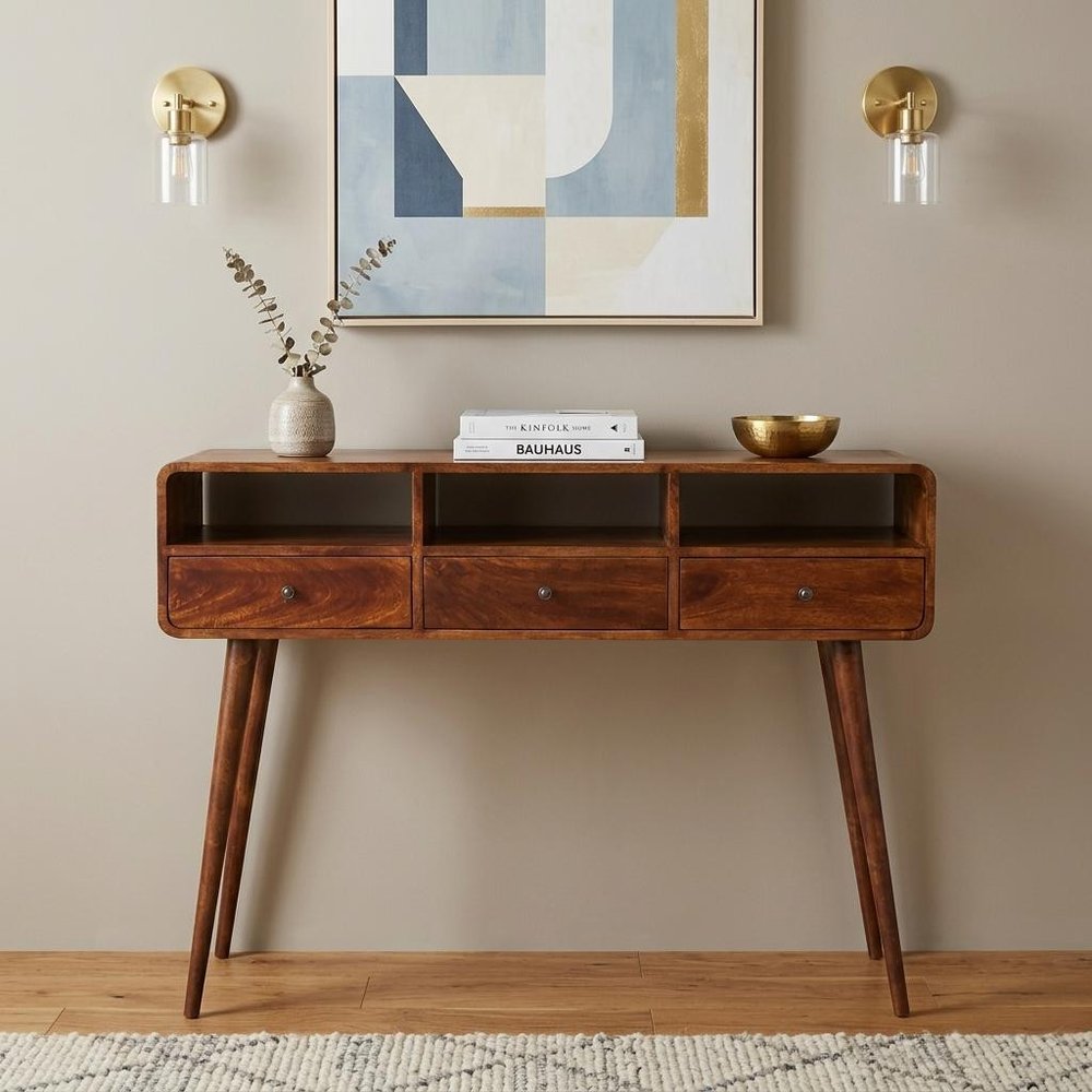 51" Chestnut Solid Wood Console Table With Three Shelves And Three Drawers
