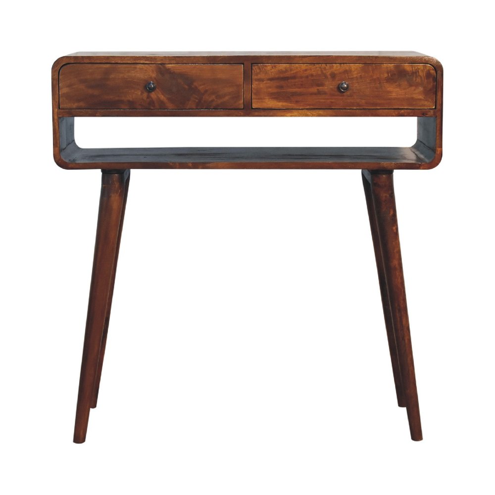 35" Chestnut Solid Wood Console Table With Shelf And Two Drawers