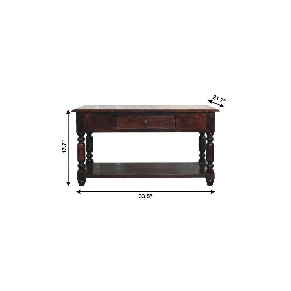 34" Brown Solid Wood Console Table With Shelf And Drawer