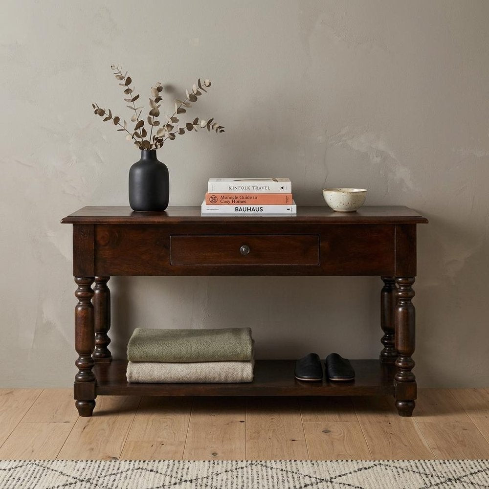 34" Brown Solid Wood Console Table With Shelf And Drawer