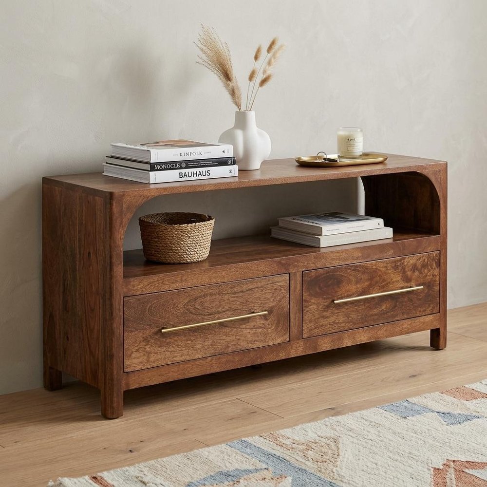 43" Brown Solid Wood Console Table With Shelf And Two Drawers
