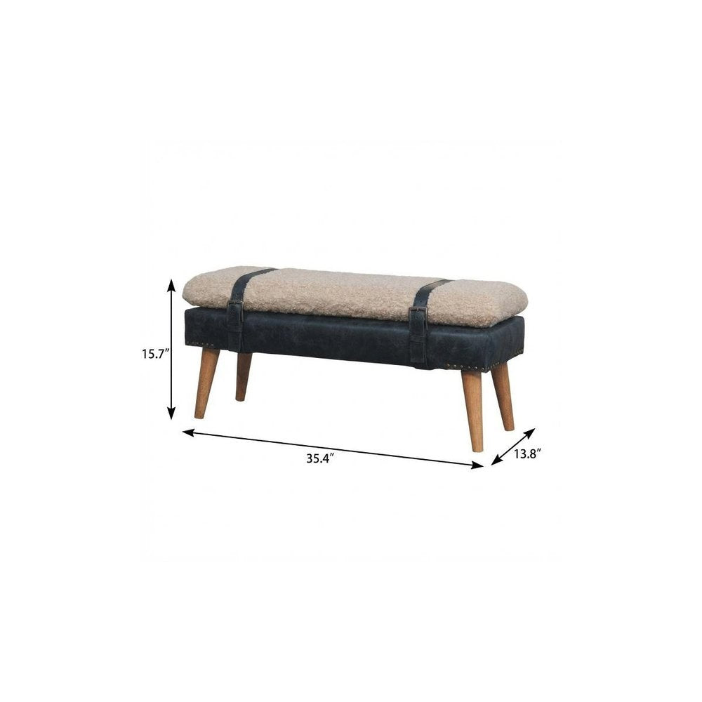 35" Beige Olive Green And Brown Boucle Genuine Leather And Solid Wood Upholstered Bench