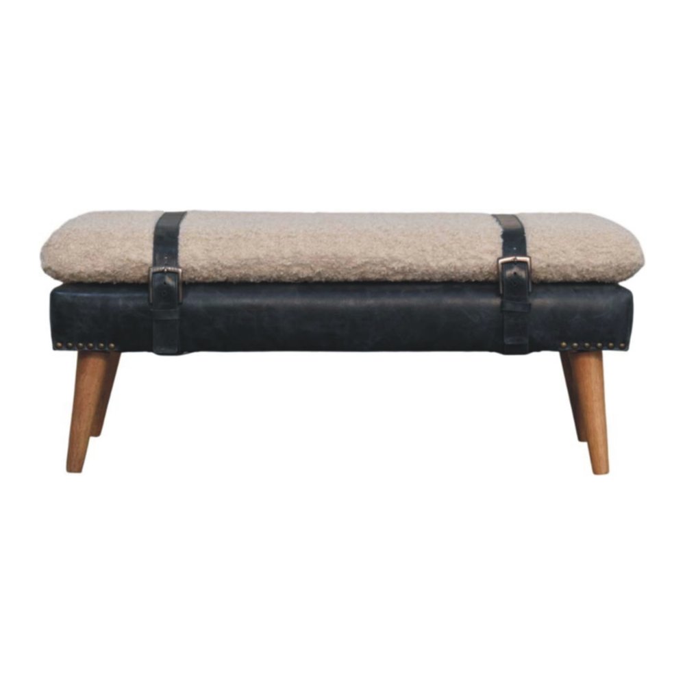 35" Beige Olive Green And Brown Boucle Genuine Leather And Solid Wood Upholstered Bench