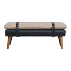 35" Beige Olive Green And Brown Boucle Genuine Leather And Solid Wood Upholstered Bench