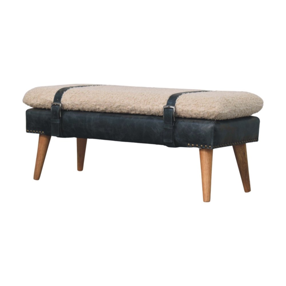 35" Beige Olive Green And Brown Boucle Genuine Leather And Solid Wood Upholstered Bench