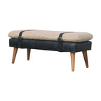 35" Beige Olive Green And Brown Boucle Genuine Leather And Solid Wood Upholstered Bench