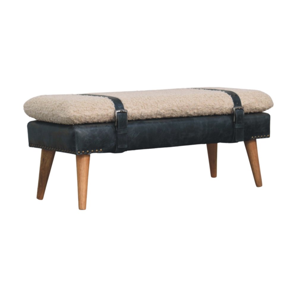 35" Beige Olive Green And Brown Boucle Genuine Leather And Solid Wood Upholstered Bench