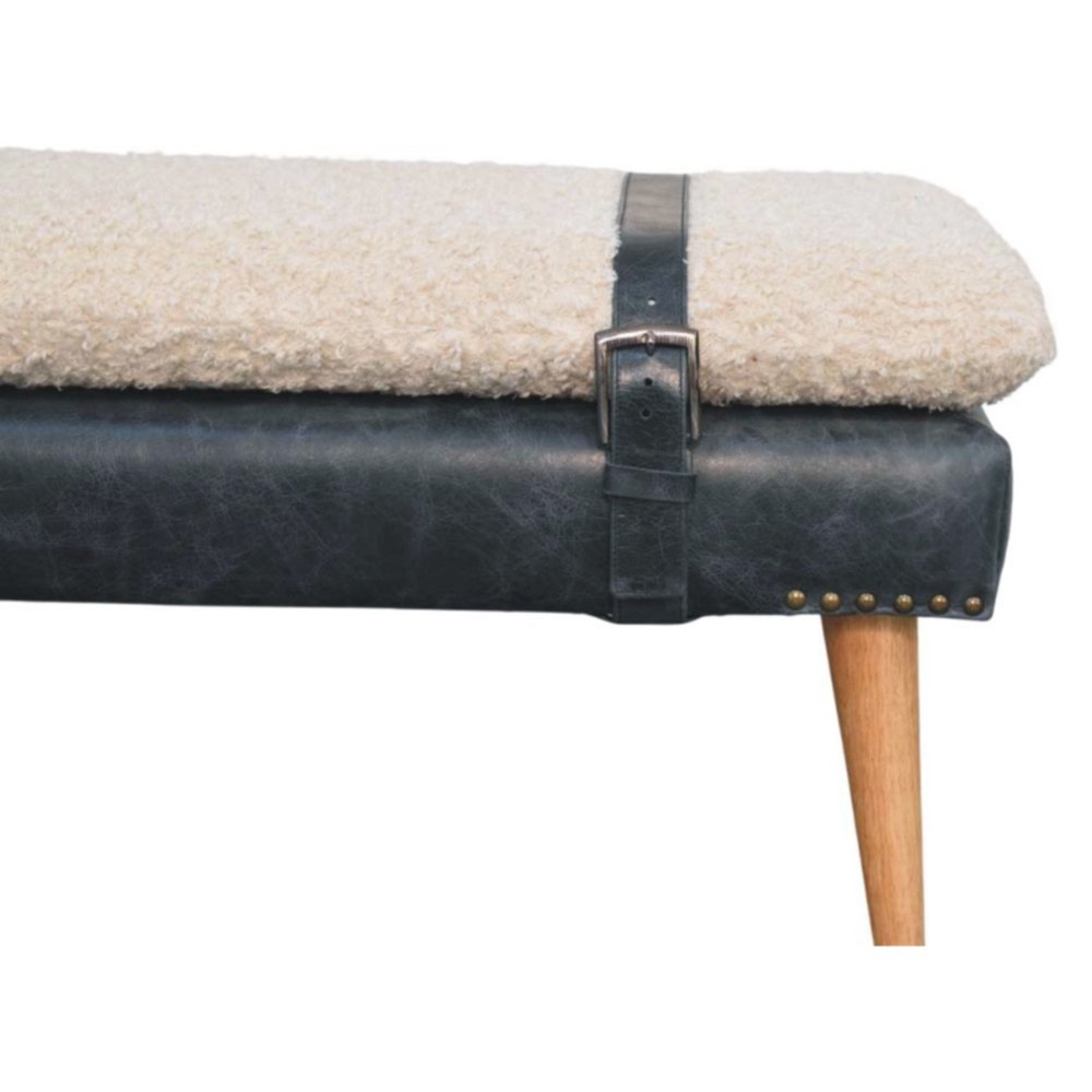 35" Beige Olive Green And Brown Boucle Genuine Leather And Solid Wood Upholstered Bench