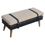 35" Beige Olive Green And Brown Boucle Genuine Leather And Solid Wood Upholstered Bench