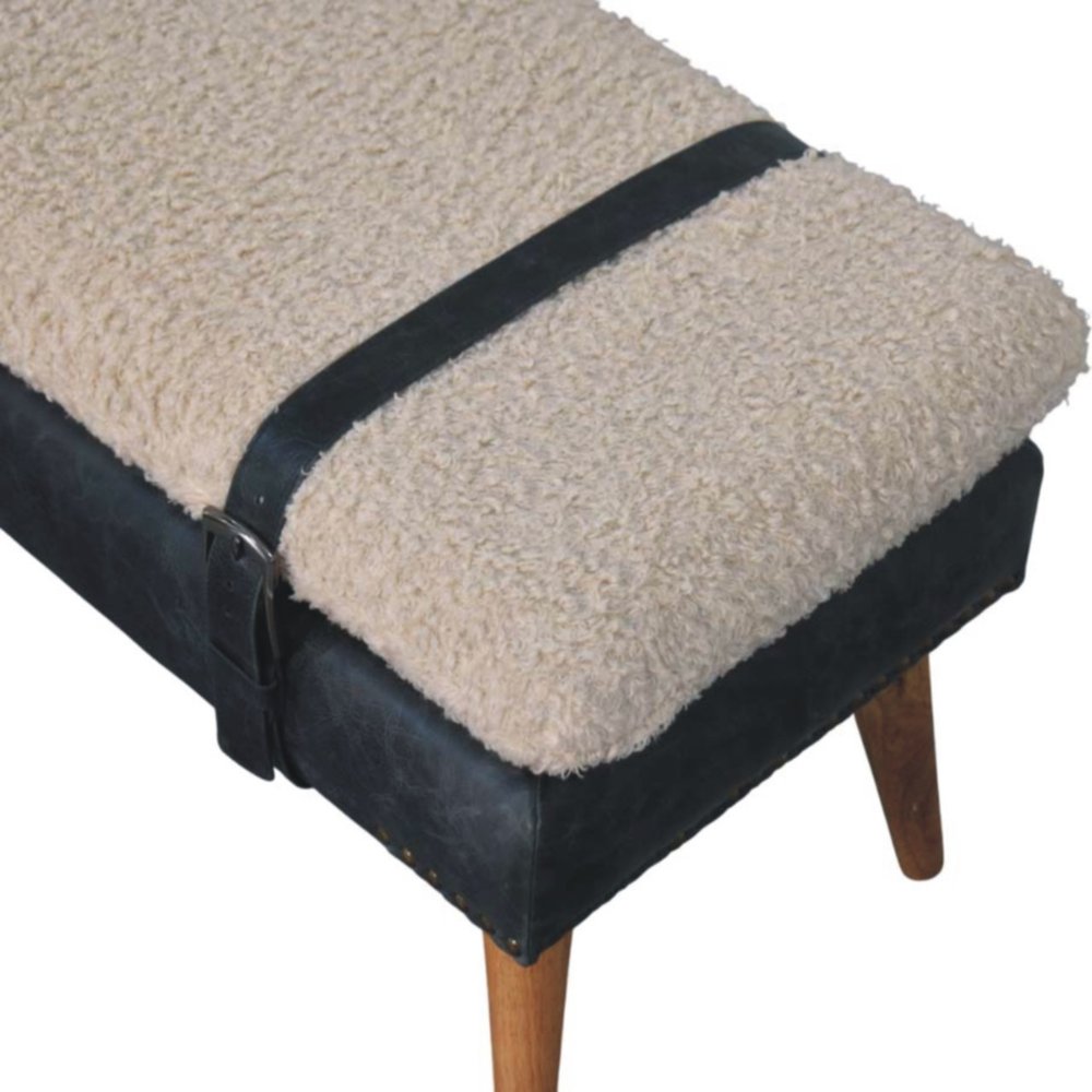35" Beige Olive Green And Brown Boucle Genuine Leather And Solid Wood Upholstered Bench