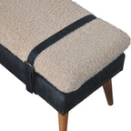 35" Beige Olive Green And Brown Boucle Genuine Leather And Solid Wood Upholstered Bench