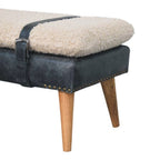 35" Beige Olive Green And Brown Boucle Genuine Leather And Solid Wood Upholstered Bench