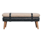 35" Beige Olive Green And Brown Boucle Genuine Leather And Solid Wood Upholstered Bench